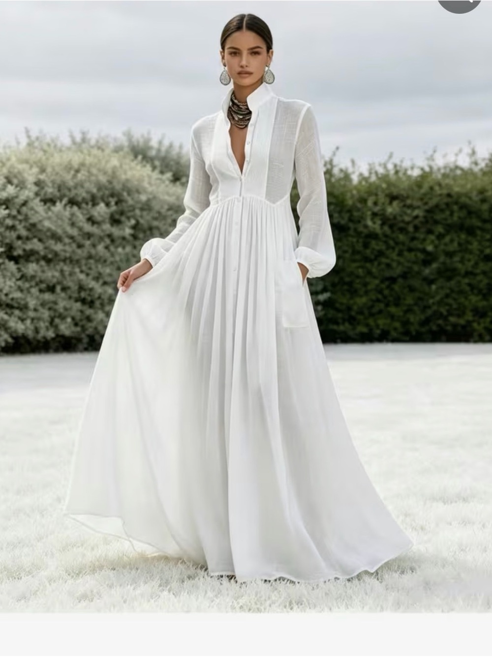 White Maxi Shirt Dress with Pleated Skirt